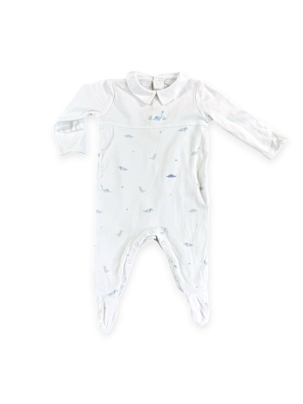 The Little White Company 3-6m Classic White Baby One-Piece with Blue Dino Print
